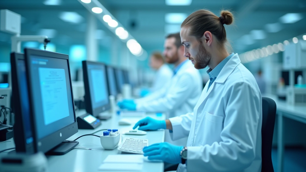 Modernus laboratorijas aprīkojums ar biotehnologijas testēšanas iekārtām un monitoriem