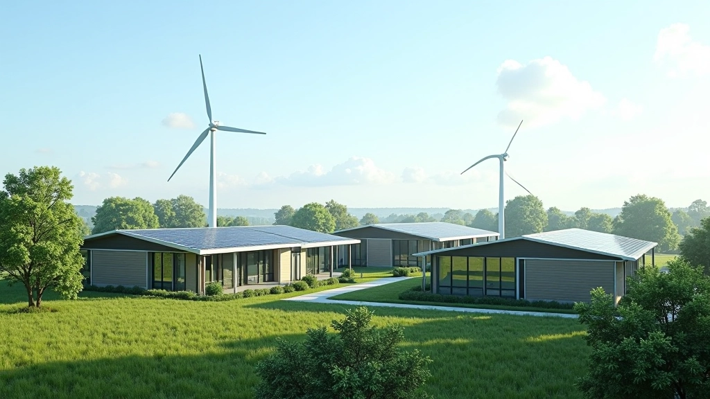 Moderni zaļie ēkas ar vēja turbīnām un saules paneļiem, ilgtspējīgas enerģijas nākotne Latvijā