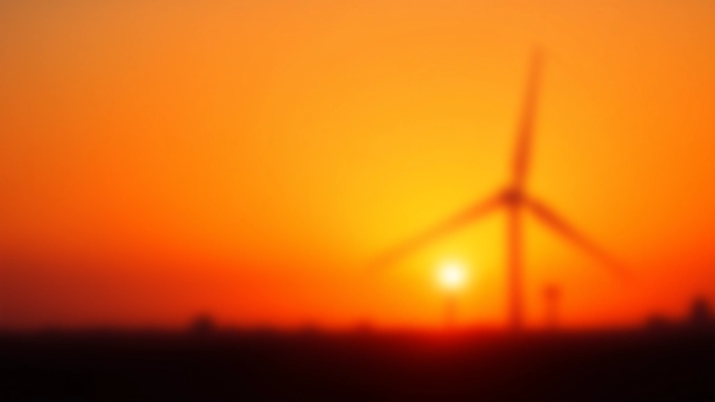 Vēja turbīna pret oranžo saulrietu un debesis, moderns enerģijas iegūšanas veids